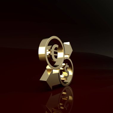 Altın Para Takas simgesi kahverengi arka planda izole. Euro ve Dolar para transferi sembolü. Bankacılık işareti. Minimalizm kavramı. 3d illüstrasyon 3B canlandırma