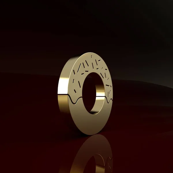 Gouden Donut met zoete glazuur pictogram geïsoleerd op bruine achtergrond. Minimalisme concept. 3d illustratie 3D renderen — Stockfoto
