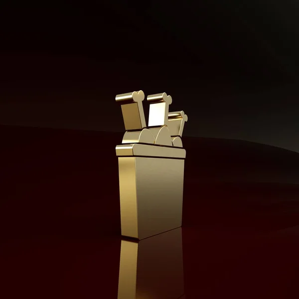 Złota noga kurczaka w pudełku ikona izolowane na brązowym tle. Pałeczka z kurczaka. Koncepcja minimalizmu. Ilustracja 3D 3D renderowania — Zdjęcie stockowe