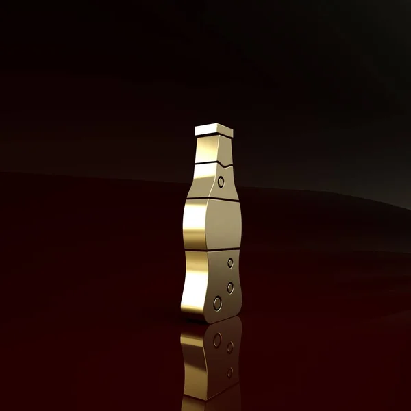 Zlatá láhev vody ikona izolované na hnědém pozadí. Nápis se sodovkou. Minimalismus. 3D ilustrace 3D vykreslení — Stock fotografie