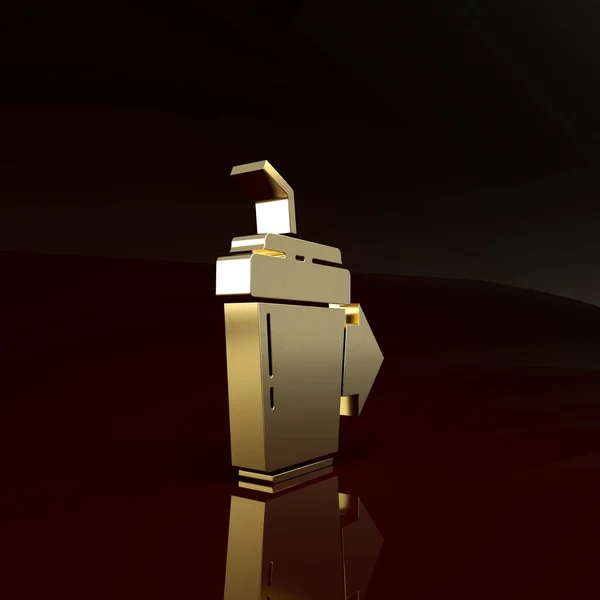 ゴールドコーヒーカップは、茶色の背景にアイコンを隔離移動します。最小限の概念。3Dイラスト3Dレンダリング — ストック写真