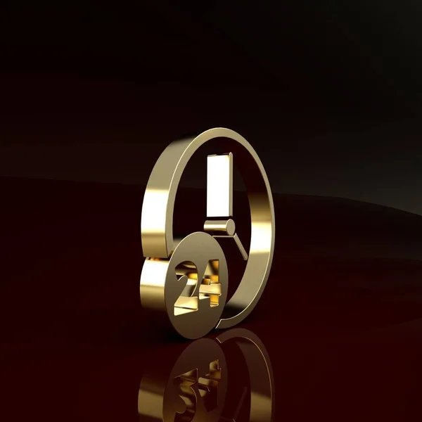 Orologio d'oro icona 24 ore isolato su sfondo marrone. Icona ciclica tutto il giorno. 24 ore di servizio simbolo. Concetto minimalista. Illustrazione 3d rendering 3D — Foto Stock