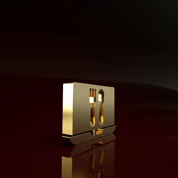 Gold Online icono de pedido y entrega de comida rápida aislado sobre fondo marrón. Concepto minimalista. 3D ilustración 3D render — Foto de Stock