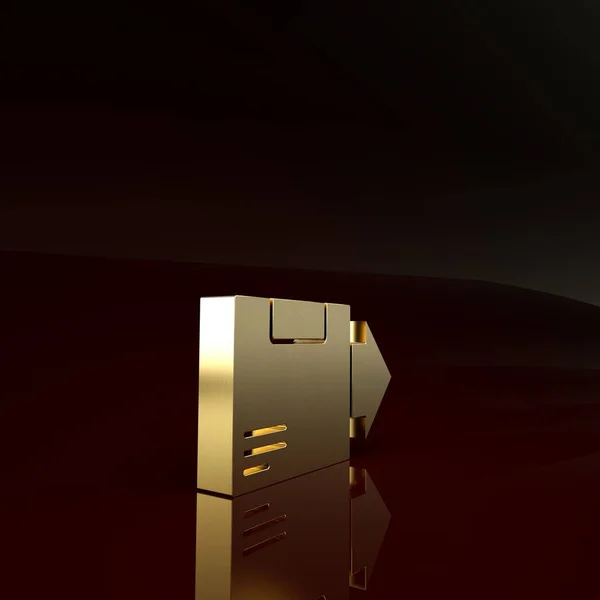 Złote kartonowe pudełko ikona odizolowana na brązowym tle. Pudełko, paczka, znak paczki. Dostawa i pakowanie. Koncepcja minimalizmu. Ilustracja 3D 3D renderowania — Zdjęcie stockowe