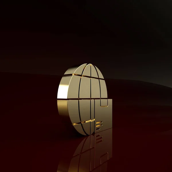 Gold Worldwide spedizione e scatola di cartone icona isolata su sfondo marrone. Concetto minimalista. Illustrazione 3d rendering 3D — Foto Stock