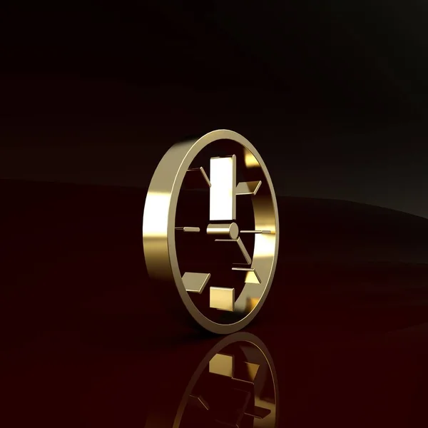Złota ikona zegara odizolowana na brązowym tle. Symbol czasu. Koncepcja minimalizmu. Ilustracja 3D 3D renderowania — Zdjęcie stockowe