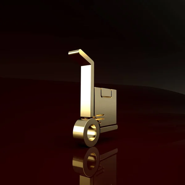 Gold Hand truck a krabice ikona izolované na hnědém pozadí. Symbol Dolly. Minimalismus. 3D ilustrace 3D vykreslení — Stock fotografie