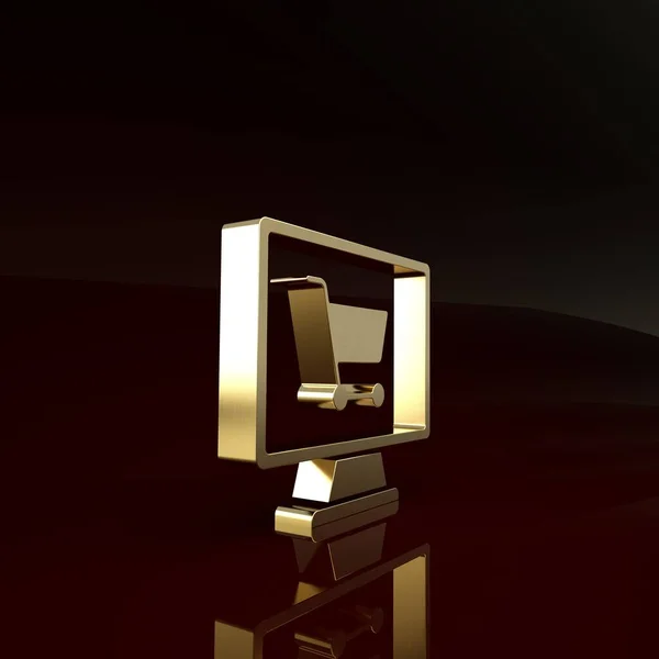 Nákupní košík Gold na obrazovce počítače ikona izolované na hnědém pozadí. Koncepce e-commerce, e-business, on-line business marketing. Minimalismus. 3D ilustrace 3D vykreslení — Stock fotografie