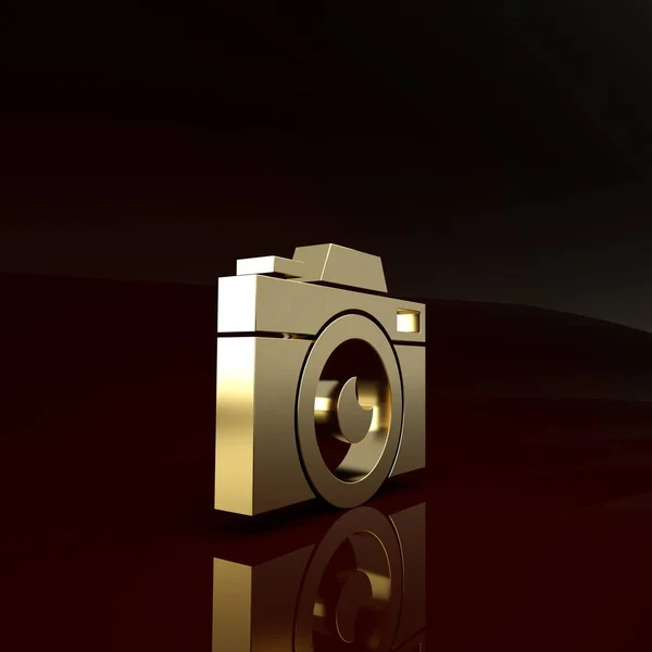 Icono de la cámara Gold Photo aislado sobre fondo marrón. Icono de cámara fotográfica. Concepto minimalista. 3D ilustración 3D render — Foto de Stock