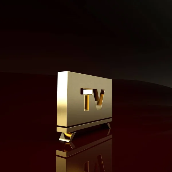 Icono Gold Smart Tv aislado sobre fondo marrón. Señal de televisión. Concepto minimalista. 3D ilustración 3D render — Foto de Stock