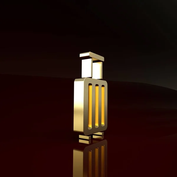 Maleta de oro para icono de viaje aislado sobre fondo marrón. Señal de equipaje de viaje. Icono de equipaje de viaje. Concepto minimalista. 3D ilustración 3D render — Foto de Stock