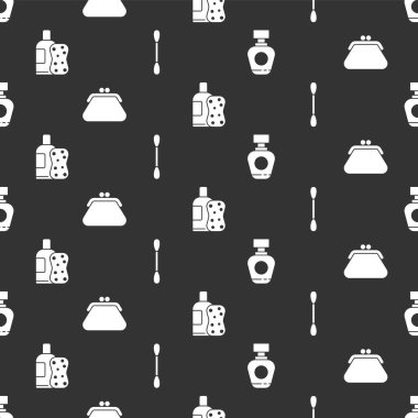 Parfüm, debriyaj çantası, şampuan ve sünger hazırla ve kulak için pamuktan örnek al. Vektör.