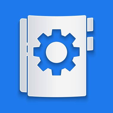 Kağıt kesme Kullanıcı elle simgesi mavi arkaplanda izole edildi. Kullanıcı rehberi kitabı. Talimat işareti. Kullanmadan önce oku. Kağıt sanatı tarzı. Vektör İllüstrasyonu.