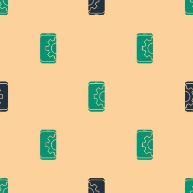 Akıllı telefon simgesinde yeşil ve siyah ayar. Bej arkaplandaki kusursuz desen izole edildi. Ayarlama, servis, ayar, bakım, onarım, onarım. Vektör İllüstrasyonu.