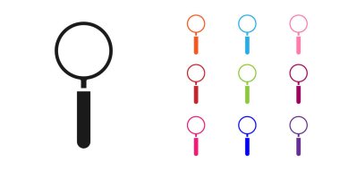 Beyaz arka planda siyah büyüteç simgesi izole edildi. Arama, odaklanma, yakınlaştırma, iş sembolü. Simgeleri renklendirin. Vektör İllüstrasyonu.