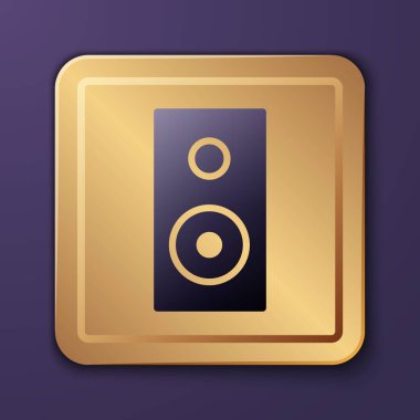 Mor Stereo hoparlör ikonu mor arkaplanda izole edildi. Ses sistemi hoparlörleri. Müzik ikonu. Müzikal sütun hoparlörü. Altın kare düğme. Vektör İllüstrasyonu.
