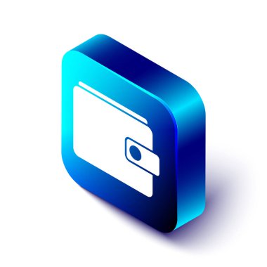 Beyaz arkaplanda izole edilmiş Isometric Cüzdan simgesi. Çanta ikonu. Nakit tasarruf sembolü. Mavi kare düğme. Vektör İllüstrasyonu.