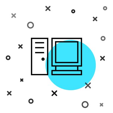 Siyah çizgi bilgisayar monitörü simgesi beyaz arkaplanda izole edildi. Bilgisayar bileşeni işareti. Rastgele dinamik şekiller. Vektör İllüstrasyonu.