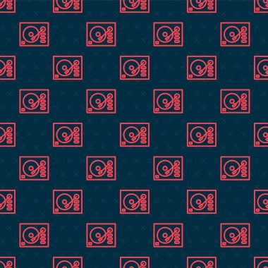 Kırmızı çizgi Vinil oynatıcı ve vinil disk simgesi siyah arkaplanda izole edilmiş. Vektör İllüstrasyonu.