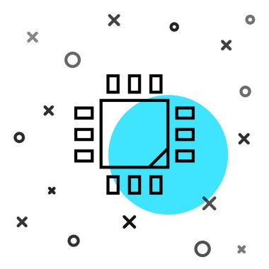 Beyaz arkaplanda izole edilmiş mikro devre işlemci simgesine sahip siyah çizgi Bilgisayar işlemcisi. Devre kartlı çip ya da işlemci. Mikro işlemci. Rastgele dinamik şekiller. Vektör İllüstrasyonu.