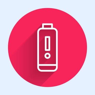 Beyaz çizgi Batarya şarj seviyesi göstergesi simgesi uzun gölgeli izole edildi. Kırmızı daire düğmesi. Vektör İllüstrasyonu.