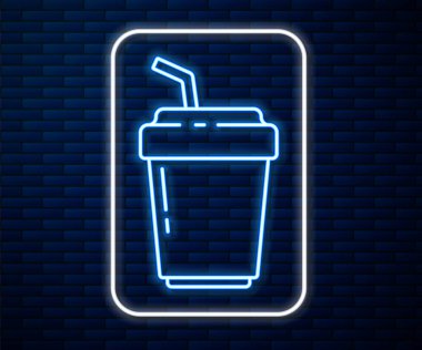 Parlayan neon hatlı kahve fincanı tuğla duvar arkasında izole edilmiş bir ikon haline gelecek. Vektör İllüstrasyonu.