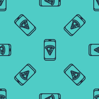 Siyah çizgi yiyecek pizza ikonu sipariş ediyor yeşil arka planda izole edilmiş pürüzsüz desen. Cep telefonuyla sipariş verin. Restoran yemek teslimatı konsepti. Vektör İllüstrasyonu.