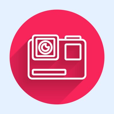 Beyaz çizgi Eylem ekstrem kamera simgesi uzun gölgeli izole edildi. Ekstrem sporları çekmek için video kamera ekipmanı. Kırmızı daire düğmesi. Vektör İllüstrasyonu.