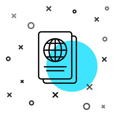 Beyaz arkaplanda izole edilmiş biyometrik veri simgesine sahip siyah çizgi pasaportu. Kimlik Belgesi. Rastgele dinamik şekiller. Vektör İllüstrasyonu.