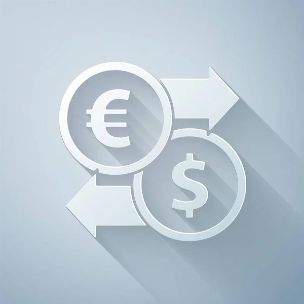 Corte Papel Icono Cambio Moneda Aislado Sobre Fondo Gris Euro — Vector de stock