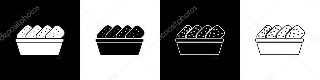 Set Chicken nuggets in box icon isolated on black and white background.  Vector Illustration.