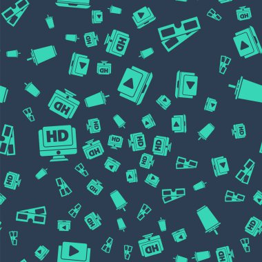 Online oyun videosu, 3D sinema gözlüğü, HD video monitörü ve pürüzsüz desenli su ile kağıt bardak. Vektör.