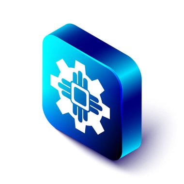 Isometric İşlemci simgesi beyaz arkaplanda izole edildi. İşlemci, merkezi işlem birimi, mikroçip, mikro devre, bilgisayar işlemcisi, çip. Mavi kare düğme. Vektör İllüstrasyonu.