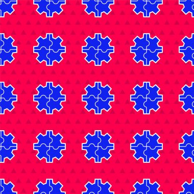 Mavi dişli simgesi kırmızı arkaplanda izole edilmiş. Çarklı teçhizat ayarları. İşçi sembolü. Vektör İllüstrasyonu.