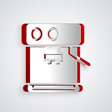 Kağıt kesiği kahve makinesi simgesi gri arka planda izole edilmiş. Kağıt sanatı tarzı. Vektör İllüstrasyonu.