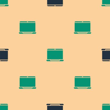 Yeşil ve siyah dizüstü bilgisayar simgesi, bej arkaplandaki kusursuz deseni izole etti. Boş ekran işaretli bilgisayar defteri. Vektör İllüstrasyonu.