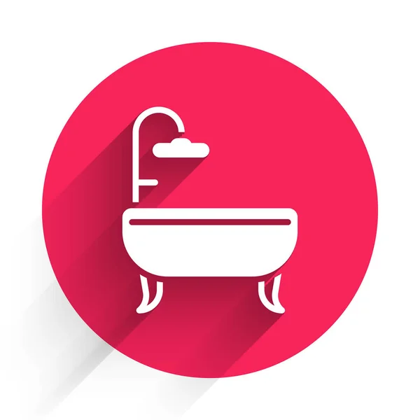 White Bathtub Icon Isolated Long Shadow Red Circle Button Vector — Stock Vector