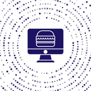 Mavi Çevrimiçi sipariş ve fast food dağıtım ikonu beyaz arka planda izole edildi. Soyut çember rastgele noktalar. Vektör İllüstrasyonu.