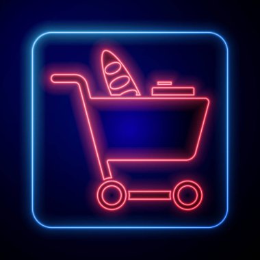 Parlayan neon alışveriş arabası ve mavi arka planda izole edilmiş yiyecek ikonu. Yiyecek dükkanı, süpermarket. Vektör İllüstrasyonu.