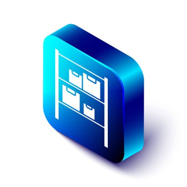 Beyaz arkaplanda izole edilmiş Isometric Depo simgesi. Mavi kare düğme. Vektör İllüstrasyonu.