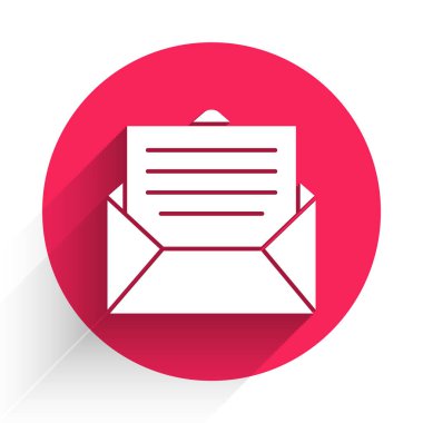 Beyaz Zarf simgesi uzun gölgeli izole edilmiş. E- posta mektup sembolü. Kırmızı daire düğmesi. Vektör İllüstrasyonu.