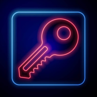 Parlayan neon anahtar simgesi mavi arkaplanda izole edildi. Vektör İllüstrasyonu.