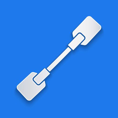 Kağıt kesiği Paddle simgesi mavi arkaplanda izole edildi. Kürek çekin. Kağıt sanatı tarzı. Vektör İllüstrasyonu.