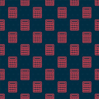 Kırmızı çizgi hesap makinesi simgesi siyah arkaplanda izole edilmiş. Muhasebe sembolü. İş hesaplamaları matematik eğitimi ve finans. Vektör İllüstrasyonu.