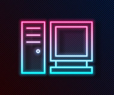 Parlayan neon hattı bilgisayar monitörü simgesi siyah arkaplanda izole edildi. Bilgisayar bileşeni işareti. Vektör İllüstrasyonu.