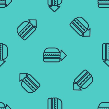 Siyah çizgi çevrimiçi sipariş ve hamburger dağıtım ikonu yeşil arka planda izole edilmiş pürüzsüz desen. Vektör İllüstrasyonu.