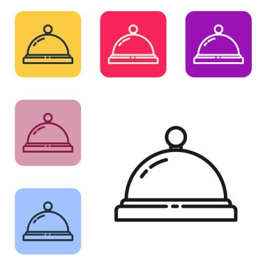Siyah çizgi otel servis çanı simgesi beyaz arkaplanda izole edildi. Resepsiyon zili. Renkli kare düğmelerle simgeleri ayarla. Vektör İllüstrasyonu.