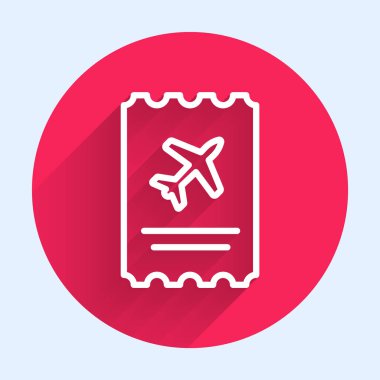 White Line Havayolları bilet ikonu uzun gölgeli izole edilmiş. Uçak bileti. Kırmızı daire düğmesi. Vektör İllüstrasyonu.