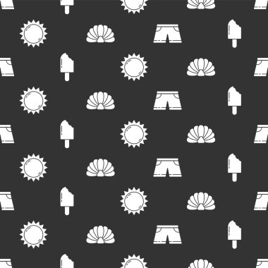 Yüzme şortu, dondurma, güneş ve deniz kabuğunu pürüzsüz desene ayarlayın. Vektör.