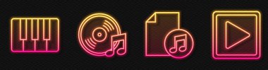 Satır Müzik Kitabı ile nota, müzik sentezleyicisi, vinil disk ve kare olarak oynat. Parlayan neon ikonu. Vektör.
